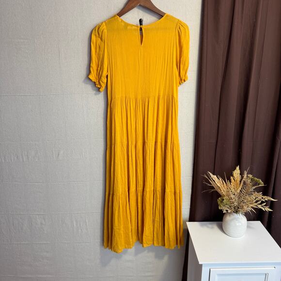 Forever 21 Size M Yellow Tiered Maxi Dress Short Sleeve Lightweight Sheer - Picture 6 of 9